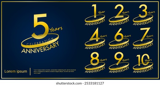 Set of 1-10th years elegant golden anniversary celebration logo isolated with oval ring on dark blue background. vector illustration template design for web, flyers, poster, invitation card, greeting 