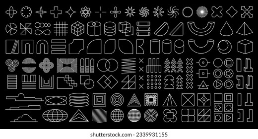 A set of 112 geometric shapes inspired by different art styles like abstract, brutalist, y2k and retro futurist, modernist. Unfilled outline shapes for your own designs