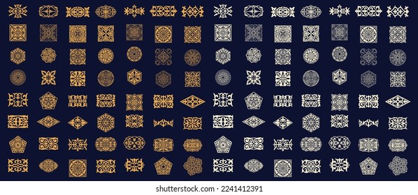 Set von 112 islamischen goldenen Ornamenten auf Hintergrund in Vektorgrafik. Asiatische neue Jahr goldene dekorative traditionelle orientalische Symbole. Zirkuläre arabische Ziersymbole. Abstrakte asiatische Elemente der Kazakhs