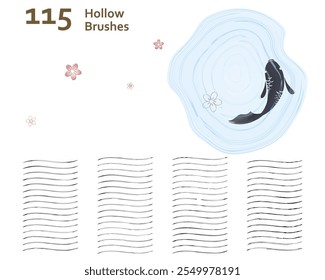 Set of 115 art brushes texture for water ripple effect style and pattern. Compatible with Adobe Illustrator CS6 and above.