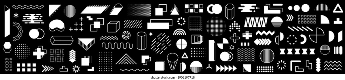 Conjunto de 115 iconos de formas geométricas. Elementos retro de diseño Memphis. Colección de formas geométricas de semitonos de moda. Gráfica retro funky, diseños de tendencias de los años 90 y colección de elementos de impresión vintage - vector