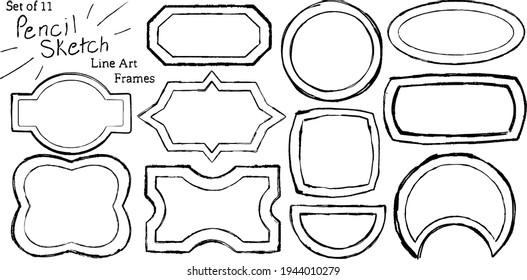 a set of 11hand drawn  unique line-art frames that have a sketch texture motif 