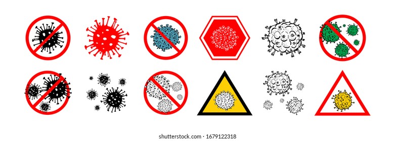 Set of 12 2019-nCoV bacteria isolated on white background. few Coronavirus in red circle vector Icon. COVID-19 bacteria corona virus disease sign. SARS pandemic concept symbol. Pandemic. Human health