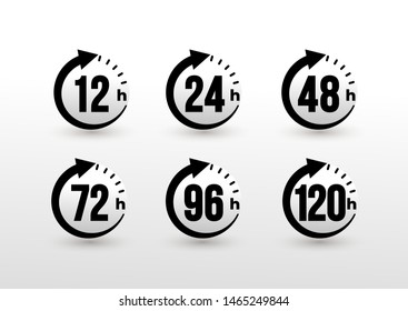 Set of 12, 24, 48, 72, 96, 120 hours clock arrow. Work time effect or delivery service time icons. Hours order execution or delivery service. Vector illustration. Isolated on white background.
