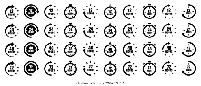 Conjunto de iconos vectoriales de 12, 24, 48 y 72 horas. Reloj con flechas. Entrega rápida. Servicio rápido.