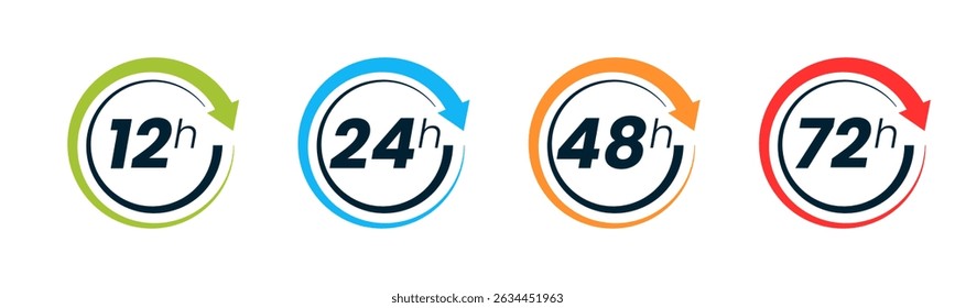 Conjunto de relógios de 12, 24, 48 e 72 horas com setas sobre fundo branco. Ícone de efeito de horário de trabalho vetorial ou de tempo de serviço de entrega
