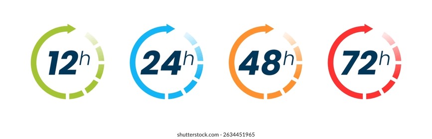 Conjunto de relojes de 12, 24, 48 y 72 horas con flechas sobre fondo blanco. Vector de efecto de tiempo de trabajo o icono de tiempo de servicio de entrega