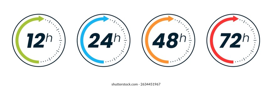 Conjunto de relojes de 12, 24, 48 y 72 horas con flechas sobre fondo blanco. Vector de efecto de tiempo de trabajo o icono de tiempo de servicio de entrega