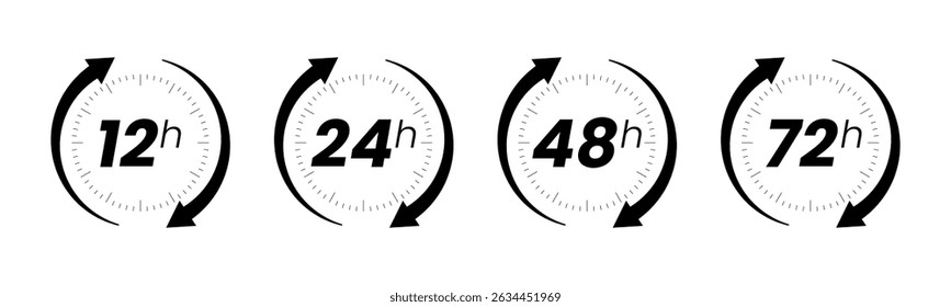 Conjunto de relojes de 12, 24, 48 y 72 horas con flechas sobre fondo blanco. Vector de efecto de tiempo de trabajo o icono de tiempo de servicio de entrega