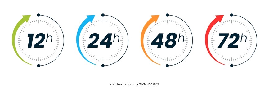 Conjunto de relógios de 12, 24, 48 e 72 horas com setas sobre fundo branco. Ícone de efeito de horário de trabalho vetorial ou de tempo de serviço de entrega