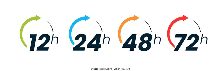 Conjunto de relojes de 12, 24, 48 y 72 horas con flechas sobre fondo blanco. Vector de efecto de tiempo de trabajo o icono de tiempo de servicio de entrega