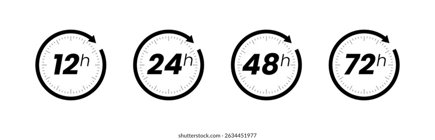 Set of 12, 24, 48 and 72 hour clocks with arrows on white background. Vector work time effect or delivery service time icon