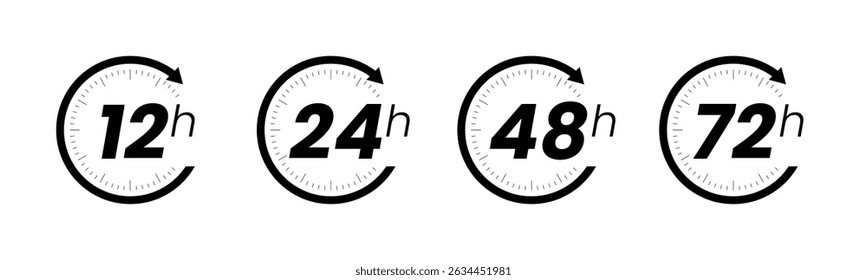 Conjunto de relojes de 12, 24, 48 y 72 horas con flechas sobre fondo blanco. Vector de efecto de tiempo de trabajo o icono de tiempo de servicio de entrega