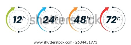 Set of 12, 24, 48 and 72 hour clocks with arrows on white background. Vector work time effect or delivery service time icon