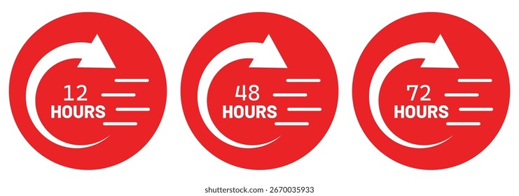 Conjunto de relojes de 12, 48 y 72 horas con flechas.12, 48 y 72 horas icono de estilo plano sobre un fondo blanco.  Efecto de tiempo de trabajo de Vector o ícono de tiempo de servicio de entrega. EPS 10