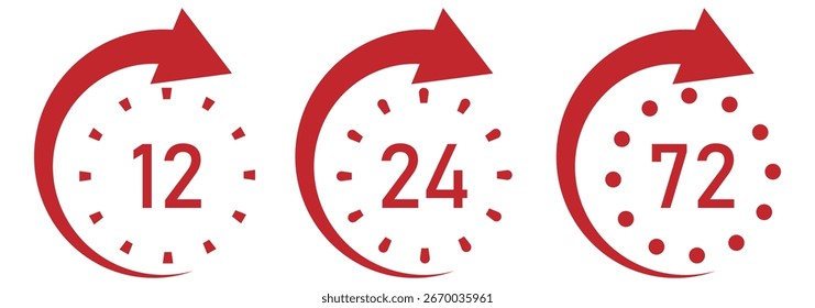 Set of 12, 48 and 72 hour clocks with arrows.12, 48 and 72 hours icon flat style on a white background.  Vector work time effect or delivery service time icon. eps 10