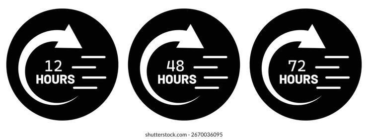 Satz von 12, 48 und 72 Stunden Uhren mit Pfeilen.12, 48 und 72 Stunden Symbol flachen Stil auf weißem Hintergrund.  Vektorgrafik-Arbeitszeiteffekt oder Symbol für Lieferservice. 10 EPS