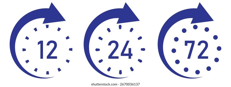 Conjunto de relojes de 12, 48 y 72 horas con flechas.12, 48 y 72 horas icono de estilo plano sobre un fondo blanco.  Efecto de tiempo de trabajo de Vector o ícono de tiempo de servicio de entrega. EPS 10
