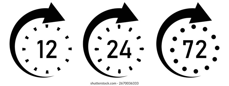 Conjunto de relojes de 12, 48 y 72 horas con flechas.12, 48 y 72 horas icono de estilo plano sobre un fondo blanco.  Efecto de tiempo de trabajo de Vector o ícono de tiempo de servicio de entrega. EPS 10