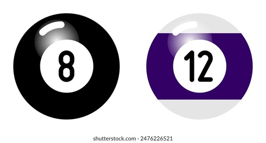Set 12 8 Eight Ball Black Shiny Glossy Pool Billiard Game Sports Vector EPS PNG Clip Art No Transparent Background