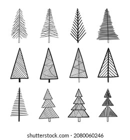Conjunto de 12 árboles abstractos de Navidad con estilo dibujado a mano. La ilustración vectorial negra se aísla sobre fondo blanco.