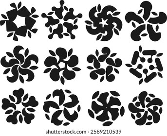 A set of 12 abstract floral and geometric black silhouette logos with symmetrical, leaf-like patterns. Ideal for branding, decorations, digital designs, and nature-themed identities.