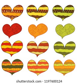 Set of 12 abstract hand drawn hearts with an ornament in warm shades of green,yellow,orange and brown
