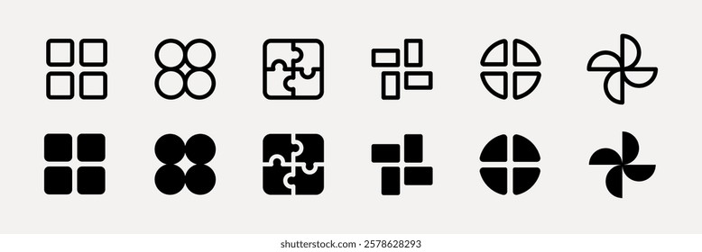 Set of 12 abstract icons featuring geometric shapes. Includes puzzle pieces, circles, and crosses. Icons showcase symmetry and bold black lines. User interface icons, UI icon vector set.