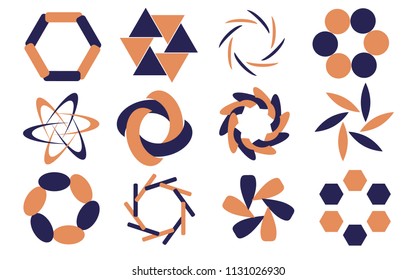 Set of 12 abstract logos, icons in blue peach colours. Vector illustration. Isolated shapes.