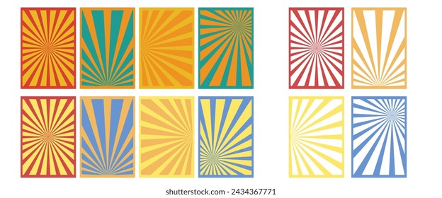 Set von 12 abstrakten Postern. Farbige Streifen, Strahlen