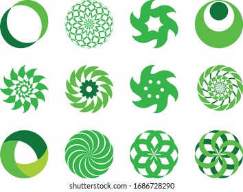 Un conjunto de 12 iconos redondos abstractos - tipo vectorial, coloreado en verde. Se pueden utilizar para cualquier tipo de diseño gráfico: logotipos, tarjetas de visita, volantes, folletos, etc.