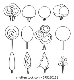 Set of 12 abstract tree icons. Hand drawn sketch trees. Doodle abstract tree emblems. Black and white.