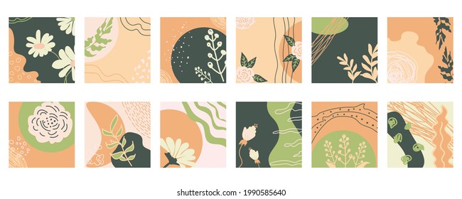Set of 12 abstract vector backgrounds. Chamomile, various branches, flowers,  leaves, spots, curve and lines. Contemporary modern trendy hand drawn illustration.