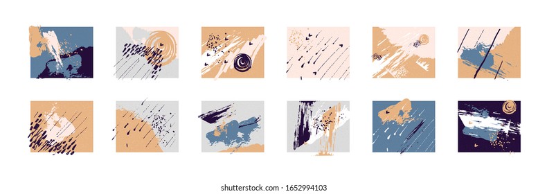 Set of 12 abstract vector illustrations. Editable artistic compositions for monthly calendar, cover, poster, invitation, card. Blue, grey, light pink, gold, white colors. Abstract backgrounds set.