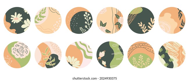 Set of 12 abstract vector rounds for social media stories for bloggers. Bundle of templates for Story Highlights Covers Icons. Chamomile, various branches, flowers,  leaves, spots, curve and lines. 