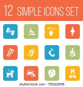 Set Of 12 Accessibility Icons Set.Collection Of Artificial Limb, Phone, Ramp And Other Elements.