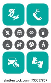 Set Of 12 Accessibility Icons Set.Collection Of Blindness, Mute, Braille And Other Elements.
