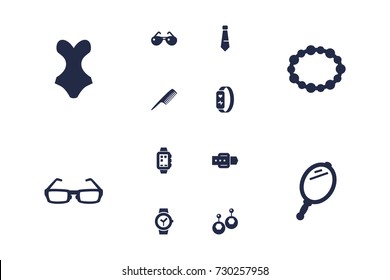 Set Of 12 Accessories Icons Set.Collection Of Wristband, Hairbrush, Sunglasses Elements.