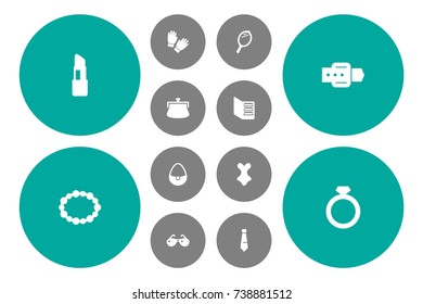 Set Of 12 Accessories Icons Set.Collection Of Cardholder Wallet, Diamond, Spectacles And Other Elements.