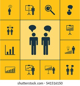 Set Of 12 Administration Icons. Includes Team Meeting, Special Demonstration, Project Analysis And Other Symbols. Beautiful Design Elements.