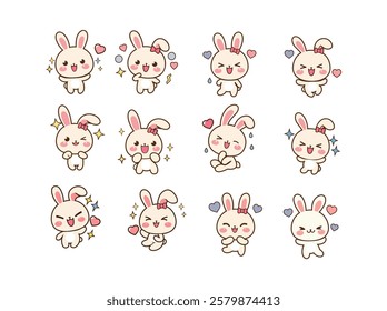  set of 12 adorable bunny face expressions in a flat cartoon style. Perfect for spring, Easter, and children’s projects.