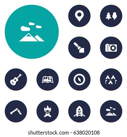Set Of 12 Adventure Icons Set.Collection Of Magnet Navigatior, Inflatable Raft, Camp And Other Elements.