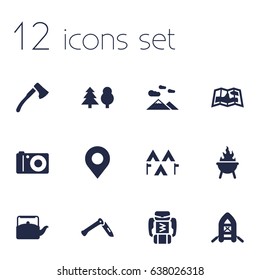 Set Of 12 Adventure Icons Set.Collection Of Kettle, Location, Bbq And Other Elements.