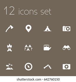 Set Of 12 Adventure Icons Set.Collection Of Camp, First Aid Box, Location And Other Elements.