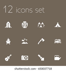 Set Of 12 Adventure Icons Set.Collection Of Acoustic, Photo Camera, Inflatable Raft And Other Elements.