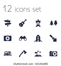 Set Of 12 Adventure Icons Set.Collection Of Signpost, Map, Wood Axe And Other Elements.