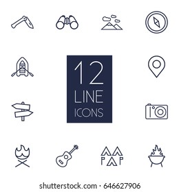 Set Of 12 Adventure Outline Icons Set.Collection Of Grill, Bonfire, Penknife And Other Elements.