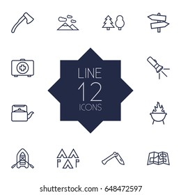 Set Of 12 Adventure Outline Icons Set.Collection Of Penknife, Mountains, Medical Kit And Other Elements.