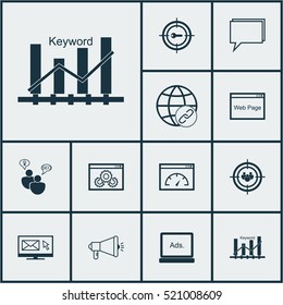 Set Of 12 Advertising Icons. Can Be Used For Web, Mobile, UI And Infographic Design. Includes Elements Such As Viral, Speed, Consulting And More.