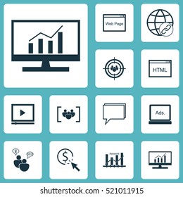 Set Of 12 Advertising Icons. Can Be Used For Web, Mobile, UI And Infographic Design. Includes Elements Such As Pay, Advertising, Browser And More.